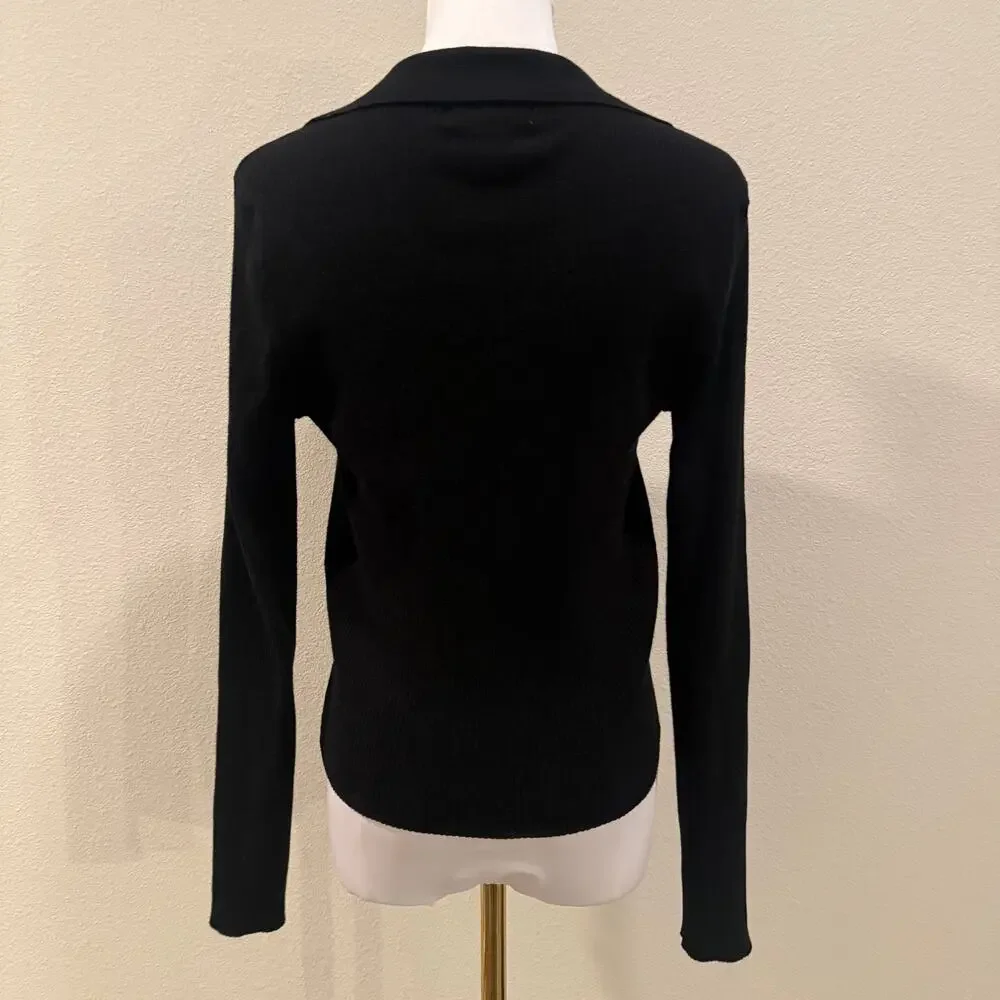 H&M Black Rib Knit Button Front Cardigan Top Collared Long Sleeve V Neck Medium - Picture 2 of 7